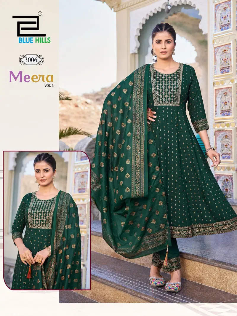 Meera Vol 3 By Blue Hills Rayon Anarkali Kurtis With Dupatta Wholesale Online